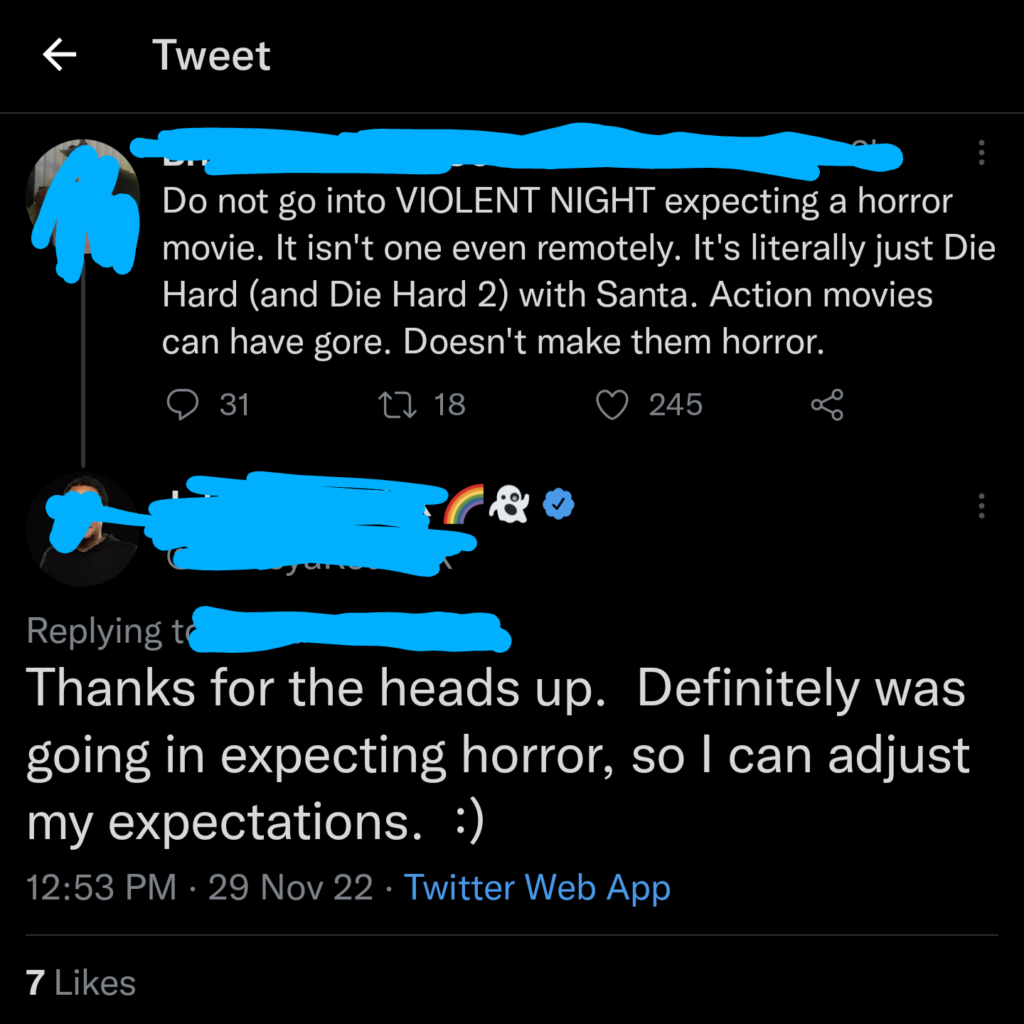 A tweet expressing surprise that Violent Night was an action film and not horror. 